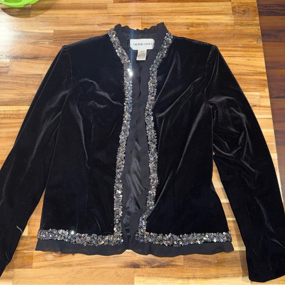 Victor Costa Black Velvet Blazer with Glittering Accents Size Medium